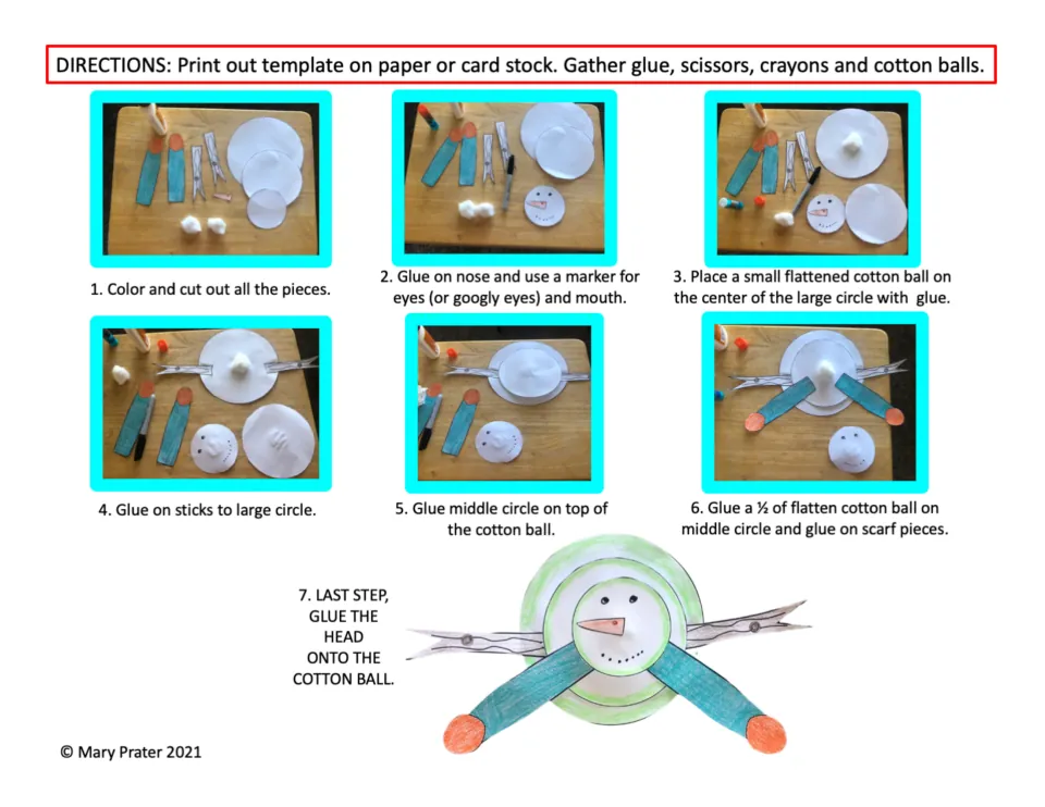 Snowman craft directions: 7 photo steps to color, cut, glue the nose, sticks and scarf, layering circles over cotton balls