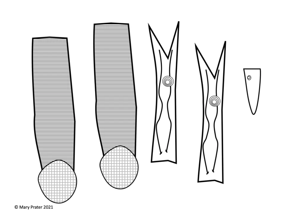 Snowman template pieces to color and cut: two striped scarf strips with rounded ends, two twig arms and a carrot nose