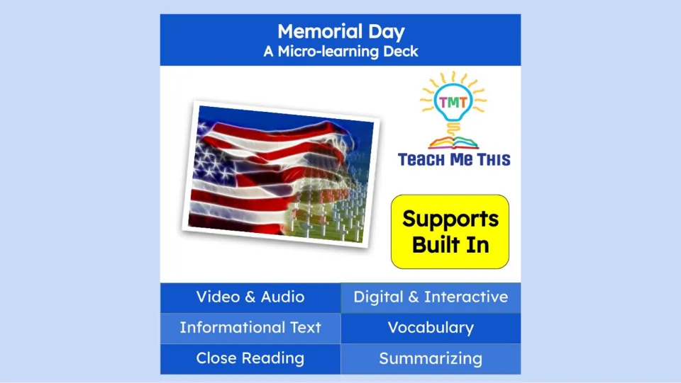 Cover of the Memorial Day micro-learning deck, listing video, audio, vocabulary, and informational text