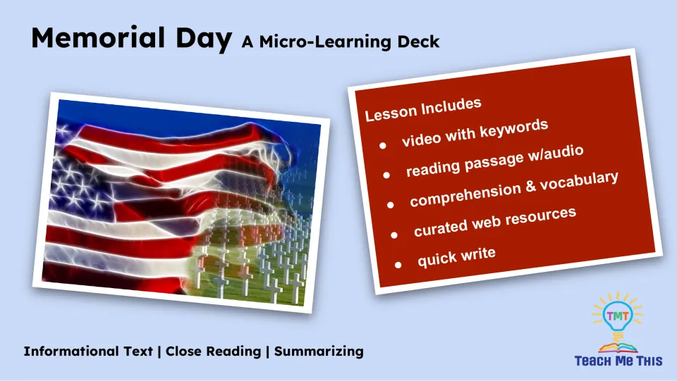 Lesson overview lists a keyword video, reading passage with audio, comprehension, vocabulary, and a quick write