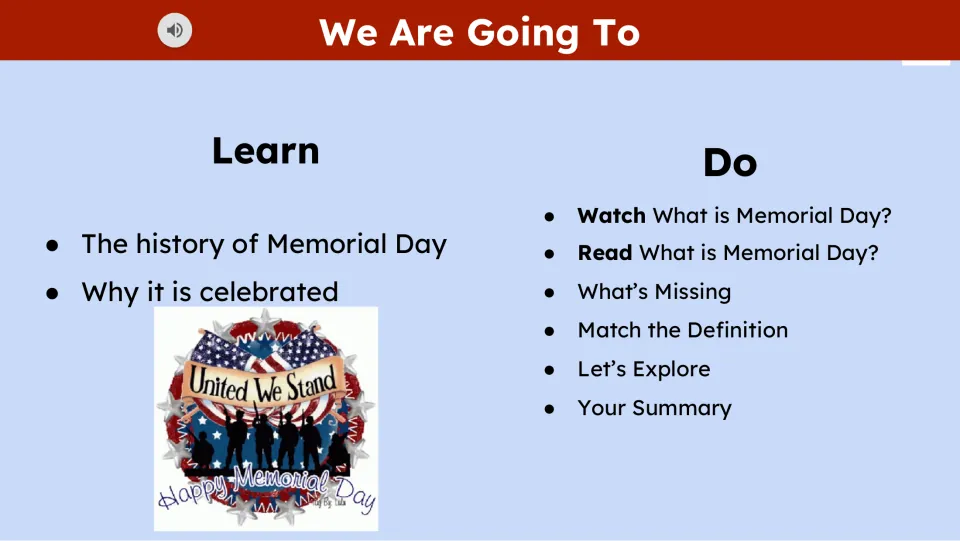 Lesson objectives introduce Memorial Day history and why it is celebrated, followed by six lesson tasks