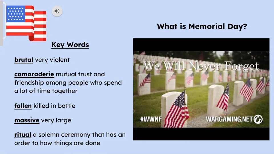Video introduction defines five key words: brutal, camaraderie, fallen, massive, and ritual for the lesson