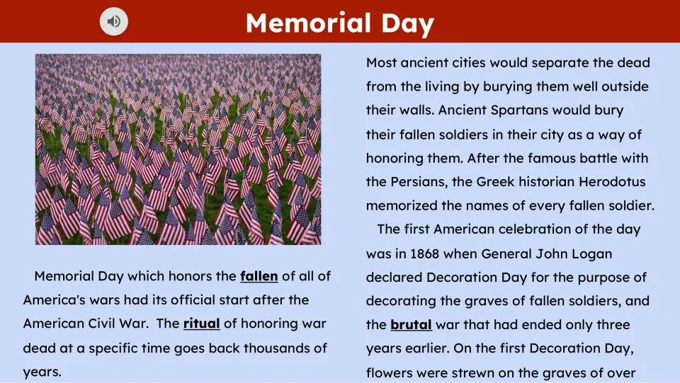 Reading passage part 1 traces honoring war dead from ancient customs to John Logan's 1868 Decoration Day