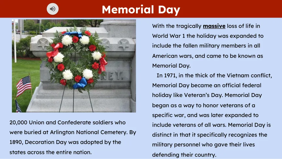 Reading passage part 2 covers Arlington graves, expansion after World War I, and federal holiday status