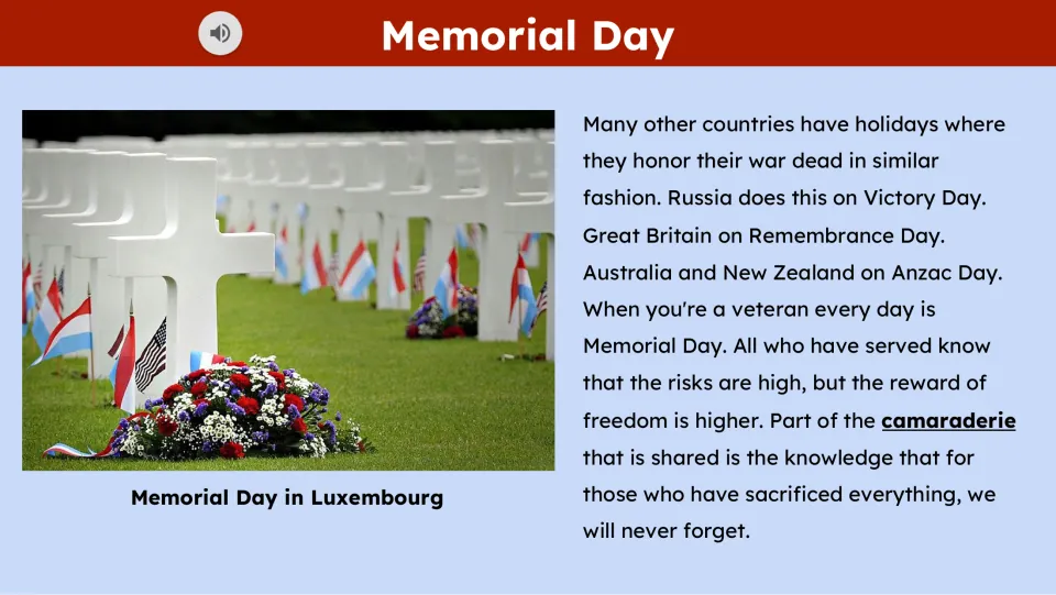 Reading passage part 3 names Victory Day, Remembrance Day, and Anzac Day and reflects on military camaraderie