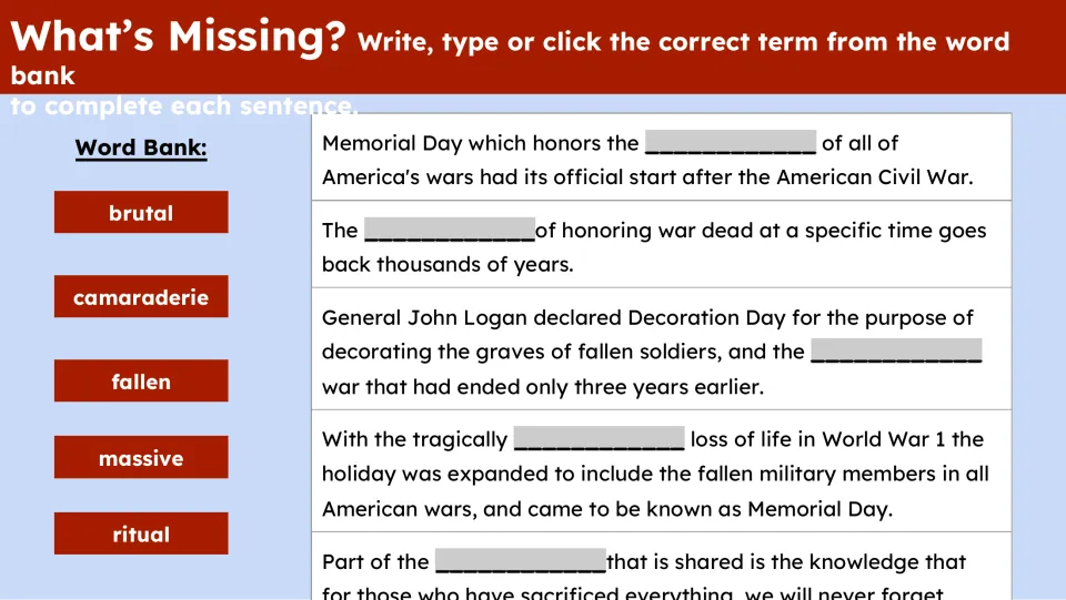 Vocabulary completion activity uses brutal, camaraderie, fallen, massive, and ritual in five passage sentences