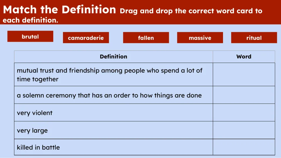 Vocabulary matching activity asks students to pair brutal, camaraderie, fallen, massive, and ritual with meanings