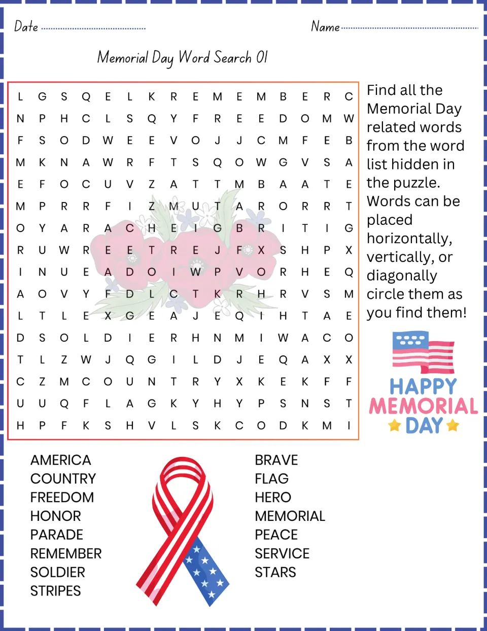 Memorial Day Word Search 01: students find and circle 15 words such as honor, freedom, soldier and parade in the puzzle
