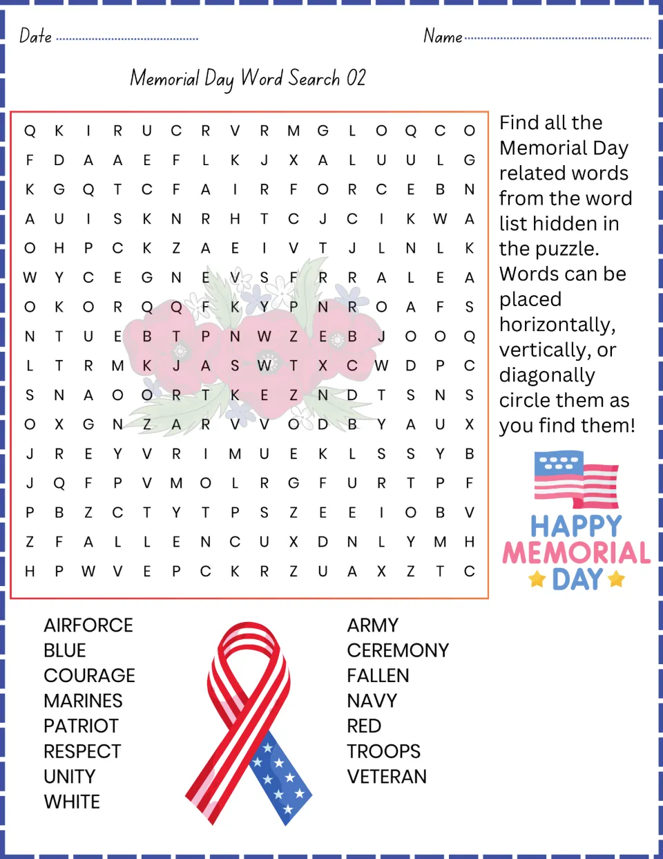 Memorial Day Word Search 02: students circle 15 hidden words including army, navy, veteran, courage and ceremony