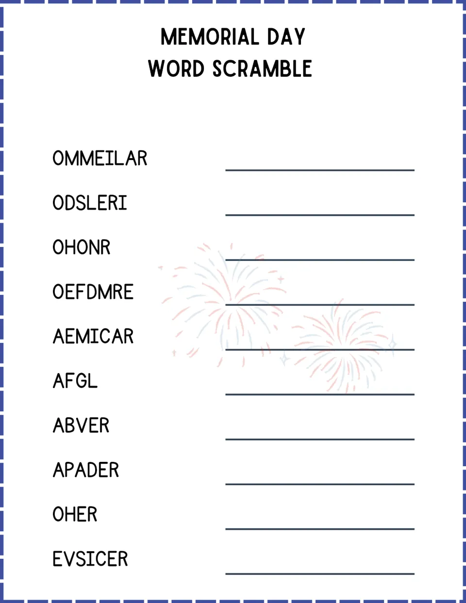 Memorial Day word scramble: students unscramble 10 words like OMMEILAR, OHONR and AFGL and write each on the line
