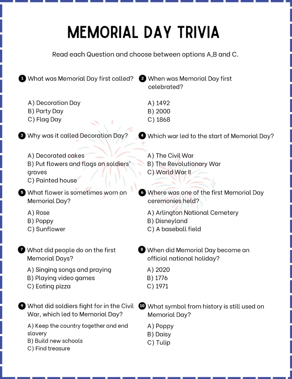 Memorial Day trivia: 10 multiple-choice questions on the holiday's history, such as its first name and the poppy flower