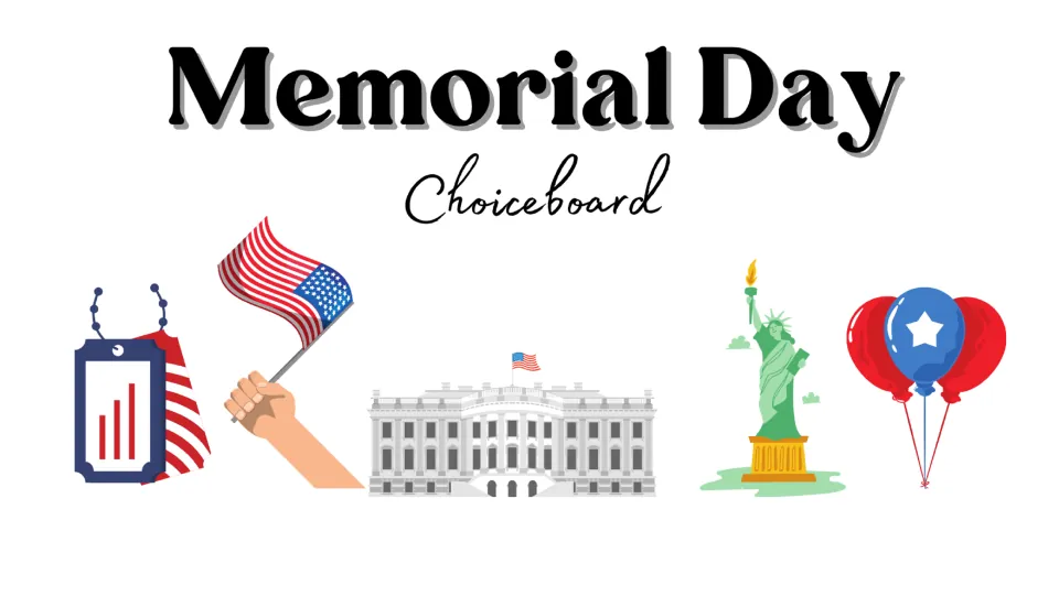 Activity choice board with five graphics: dog tags, a U.S. flag, the White House, Lady Liberty, and balloons.