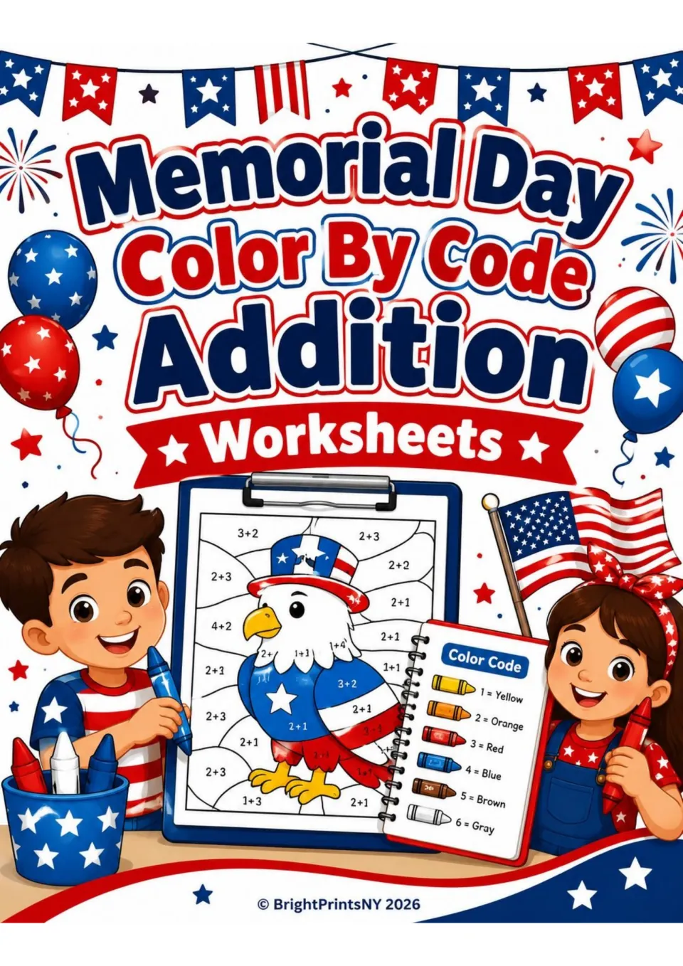Memorial Day color by code addition cover: a patriotic eagle picture labeled with sums and a 1-6 crayon color key