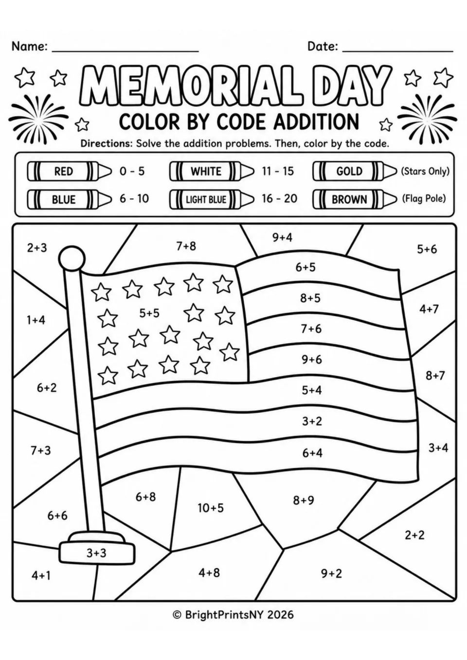 American flag color by code: students solve sums like 7+8 and 9+6, then color red, blue, white or light blue by answer