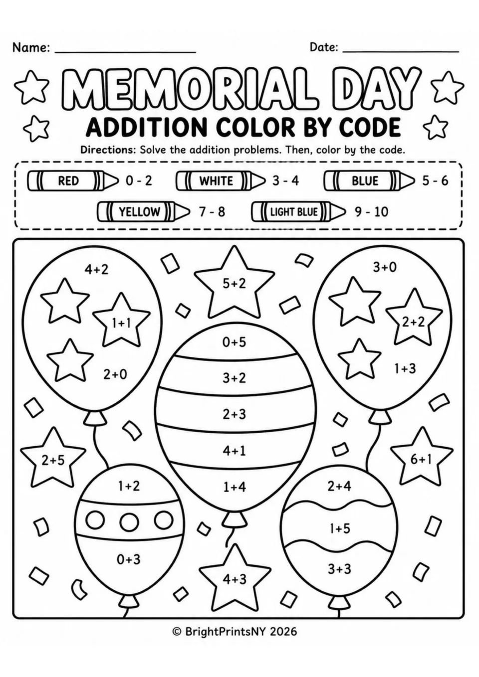 Balloons and stars color by code: students add small sums like 4+2 and 0+5, then color each part by its answer of 0-10