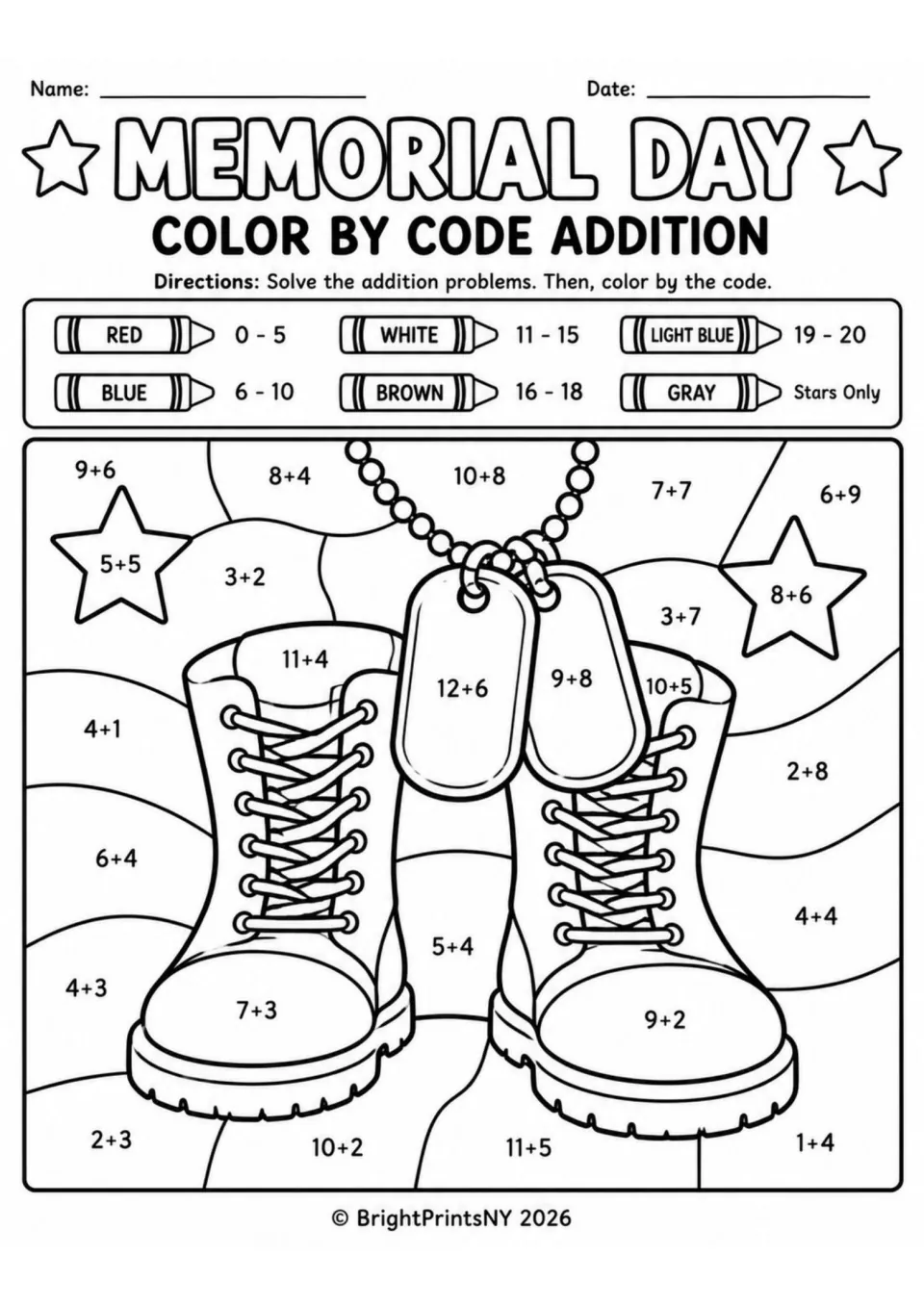 Soldier boots and dog tags color by code: students solve sums such as 12+6 and 9+8 and color each space using the key