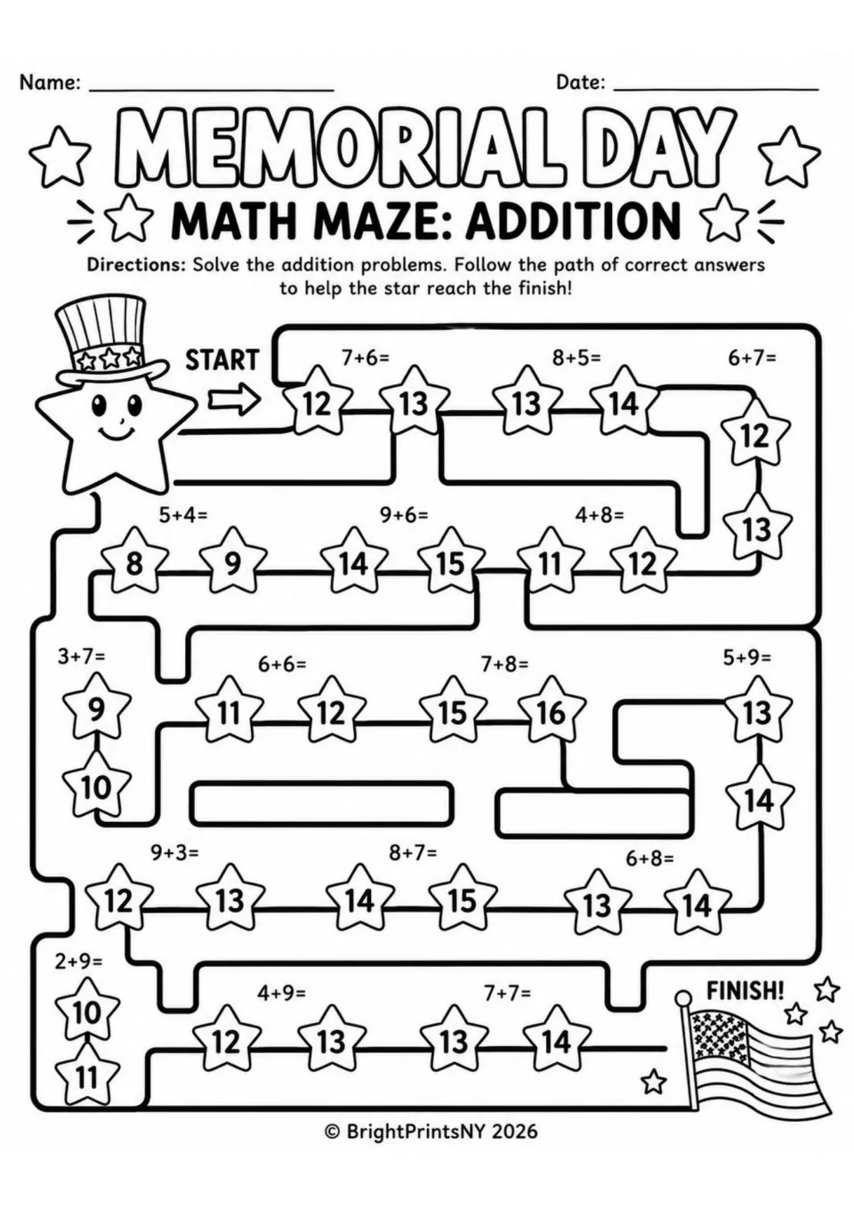 Addition math maze: students solve facts like 7+6 and 9+6 and follow the stars with correct answers to the flag