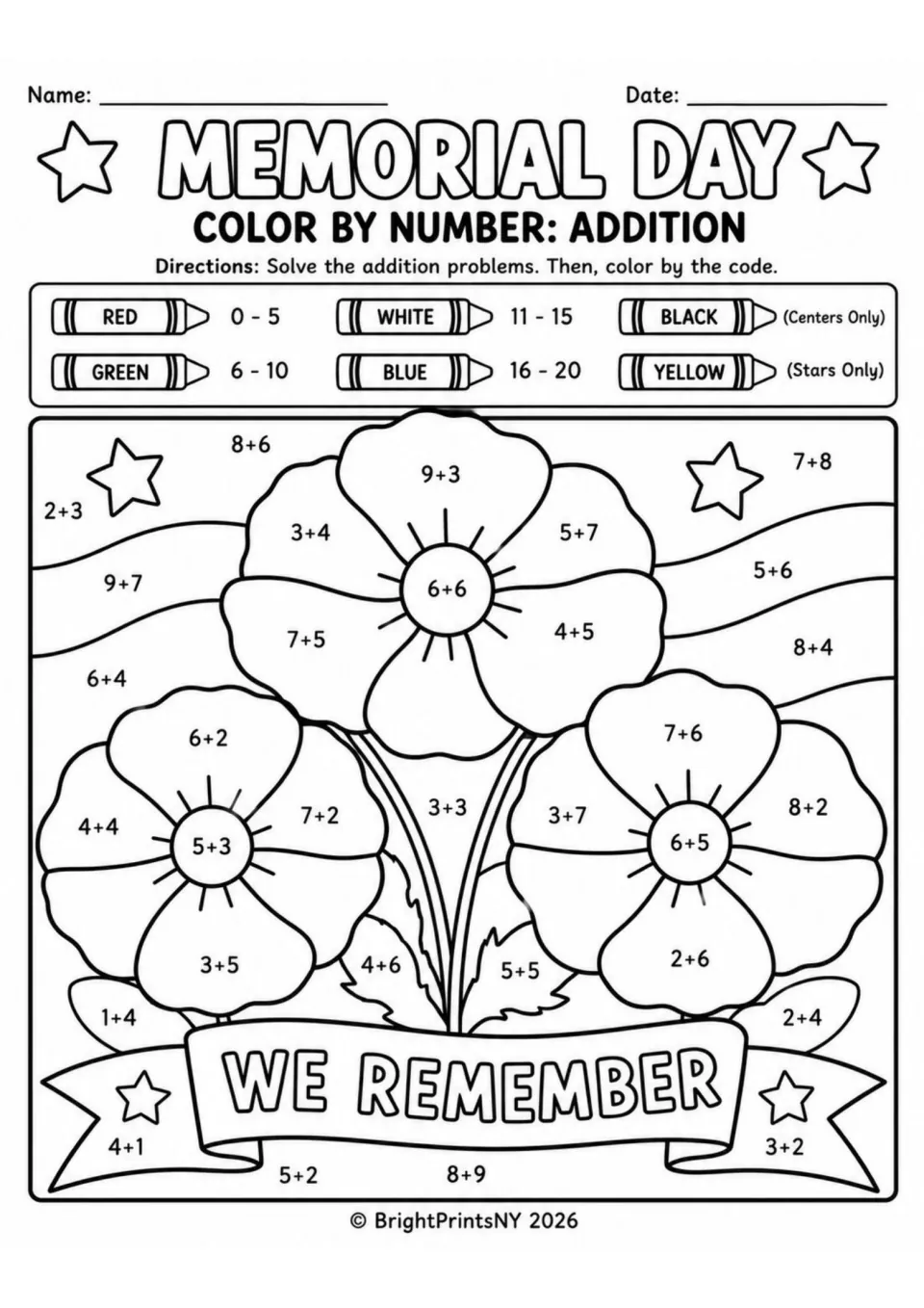 Poppy flowers color by number: students solve sums like 9+3 and 6+6, then color petals and a We Remember banner by code