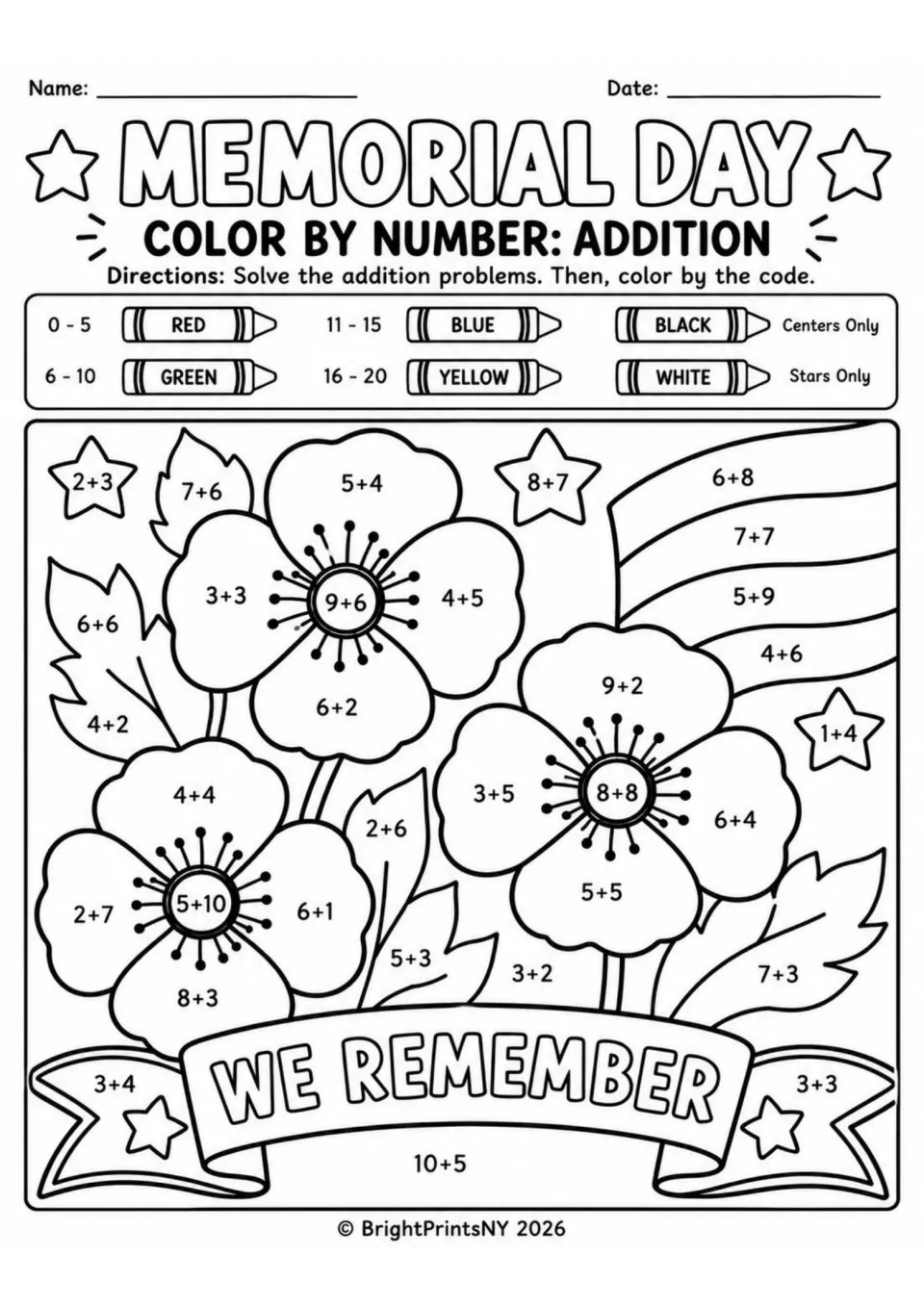 Poppies and flag color by number: students add facts such as 5+10 and 8+8, then color each region from the crayon code
