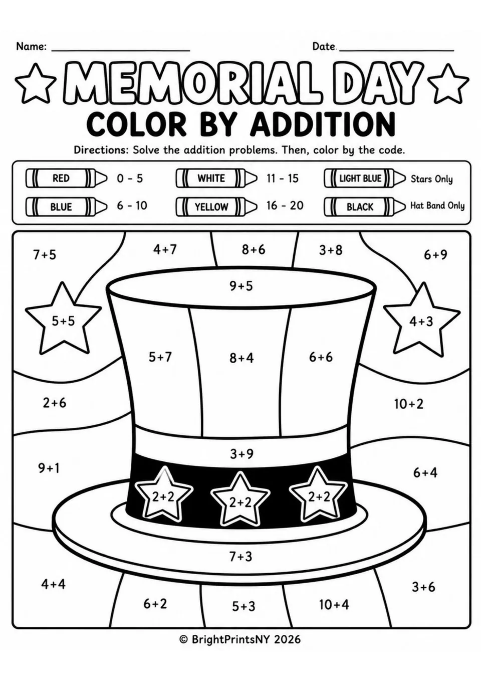 Patriotic top hat color by addition: students solve sums like 9+5 and 2+2, then color the hat, stars and band by the key