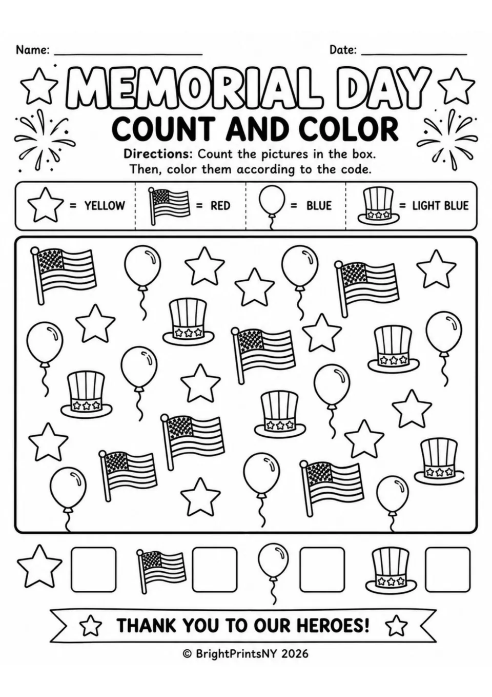 Count and color: students count stars, flags, balloons and top hats, color each by the code and write each total in a box