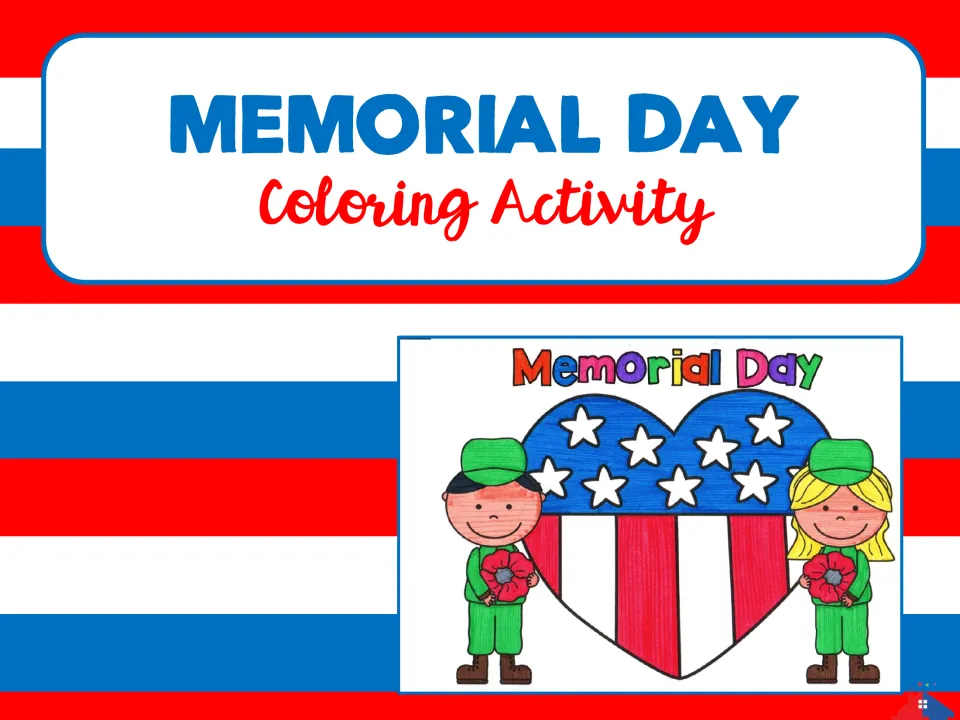 Memorial Day coloring cover showing a finished picture of two children in uniform holding poppies beside a flag heart