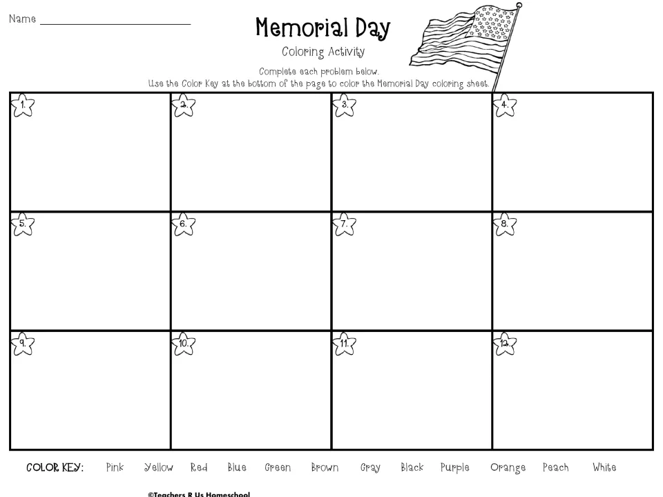 Memorial Day color key sheet: students complete 12 numbered problems, then use a 12-color key to color the picture