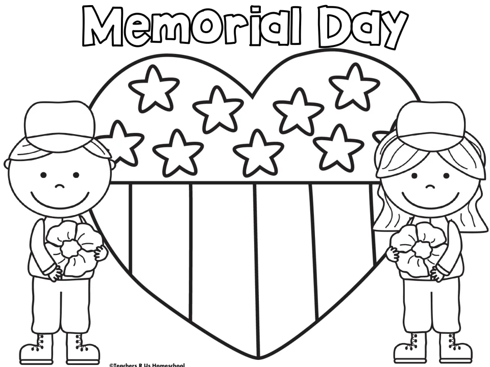 Memorial Day line art to color: two children in caps and boots hold poppies beside a heart with stars and stripes