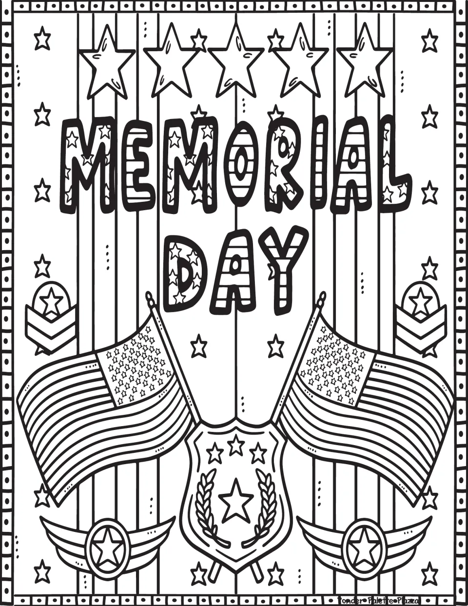 Memorial Day coloring page featuring the words 'MEMORIAL DAY,' two American flags, and military emblems