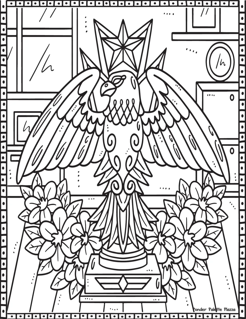 Memorial Day coloring page featuring an eagle statue with spread wings, flowers, and a star above its head