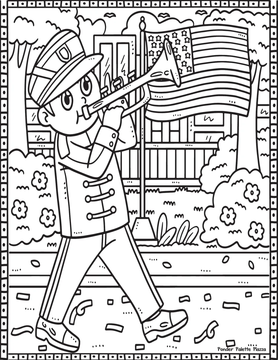 Memorial Day coloring page featuring a marching uniformed trumpet player beside a large American flag