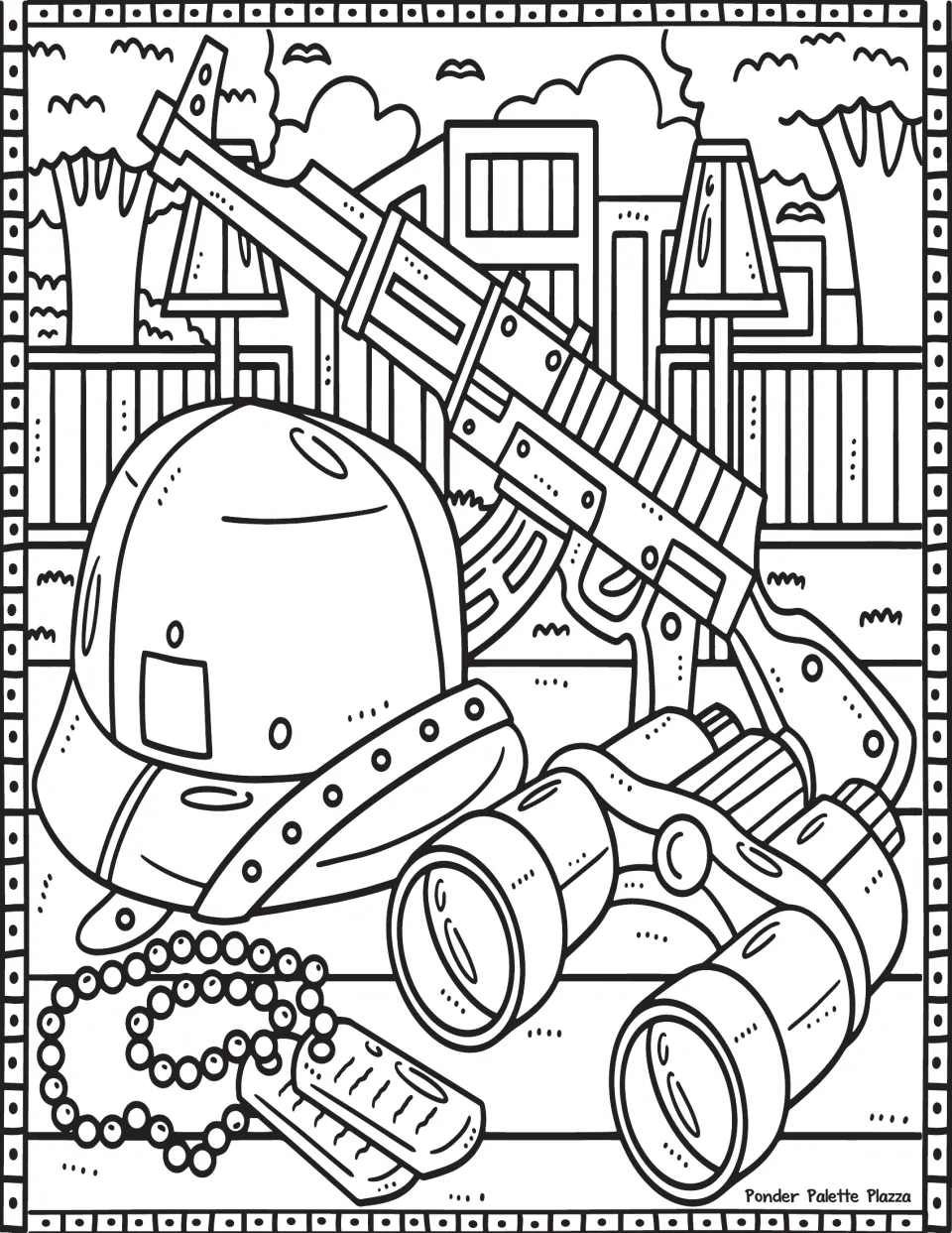 Memorial Day coloring page featuring military equipment: a helmet, rifle, binoculars, and dog tags