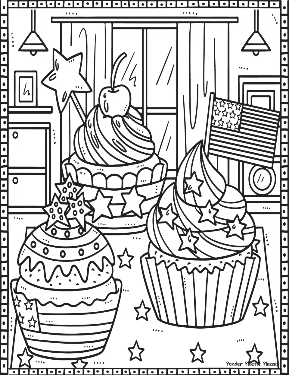 Memorial Day coloring page featuring three patriotic cupcakes decorated with stars, stripes, and a flag