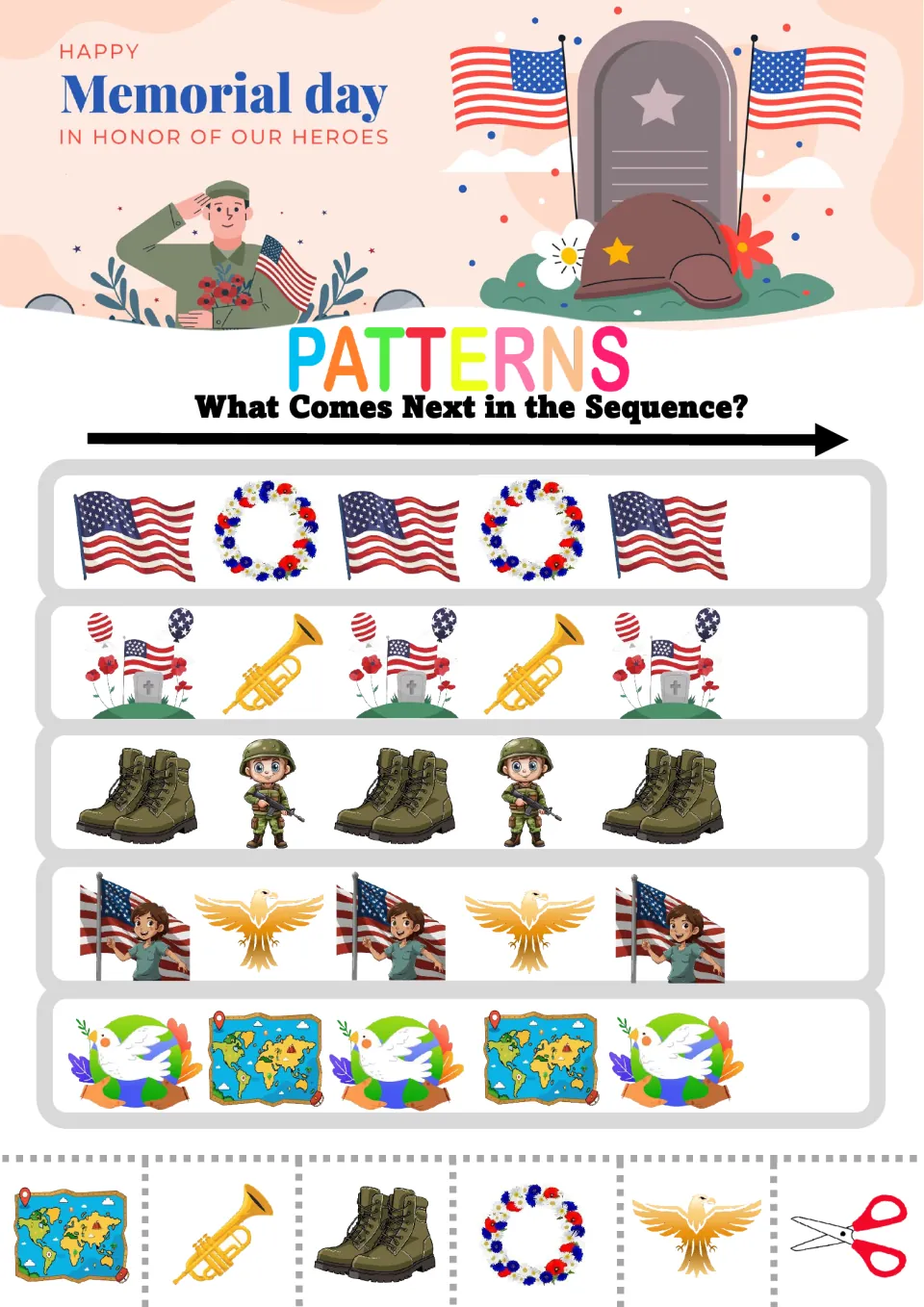 Memorial Day AB patterns: students cut out pictures to finish rows of flag-wreath, boot-soldier and eagle sequences
