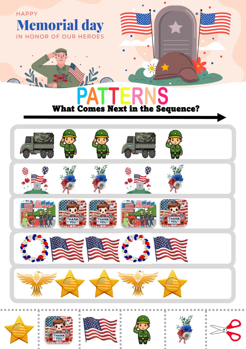 Memorial Day ABB patterns: students glue the next picture after truck-soldier-soldier, eagle-star-star and other rows
