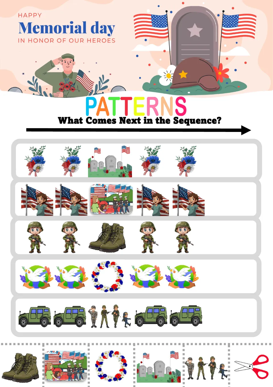 Memorial Day AABAA patterns: students find what comes next in rows like boots between soldiers and a wreath among doves