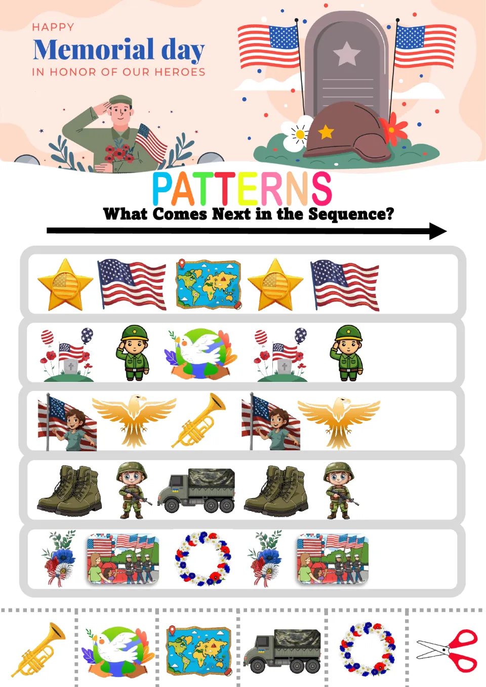 Memorial Day ABC patterns: students extend three-picture rows like star-flag-map and boots-soldier-truck with cut-outs