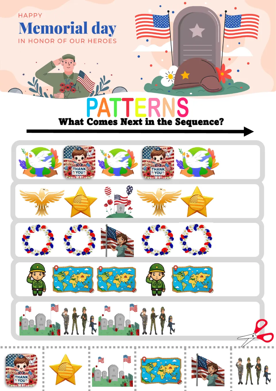 Mixed Memorial Day patterns: students complete AB, ABC and ABB rows of doves, thank-you cards, maps and saluting soldiers