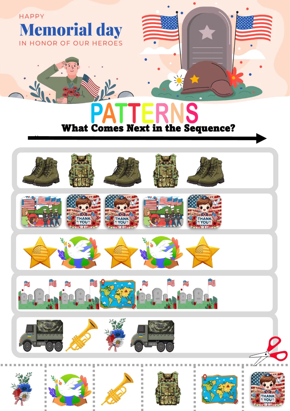 Memorial Day pattern review: students extend rows of boots and vests, stars and doves, and truck-trumpet-bouquet repeats