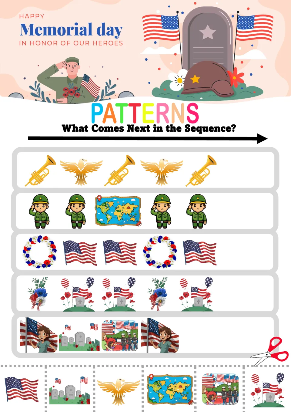 Memorial Day sequences: students glue the next picture in rows of trumpets and eagles, soldiers, wreaths and flags