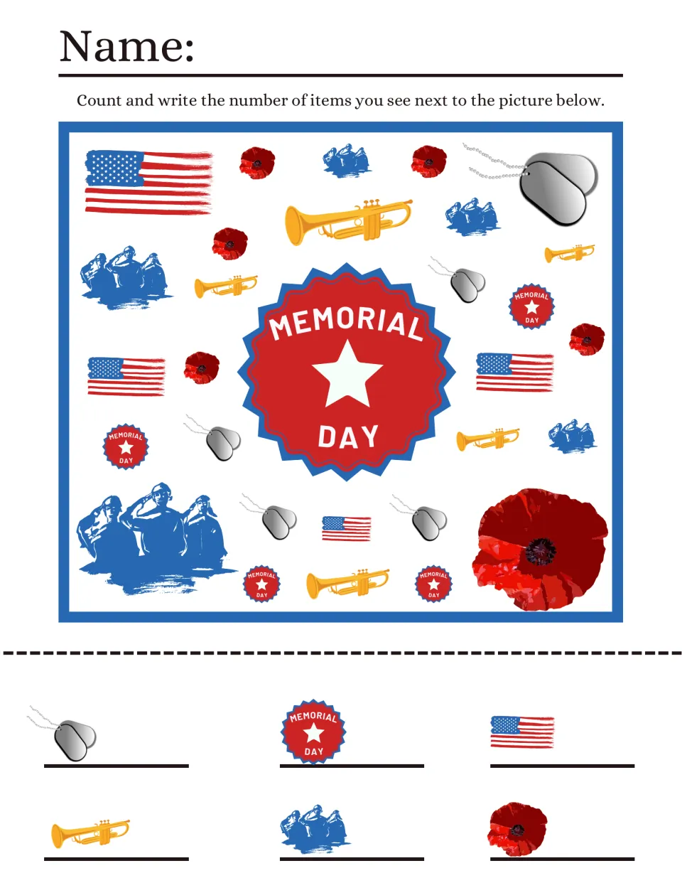 Memorial Day I spy counting: students count dog tags, badges, flags, trumpets, saluting soldiers and poppies, write totals