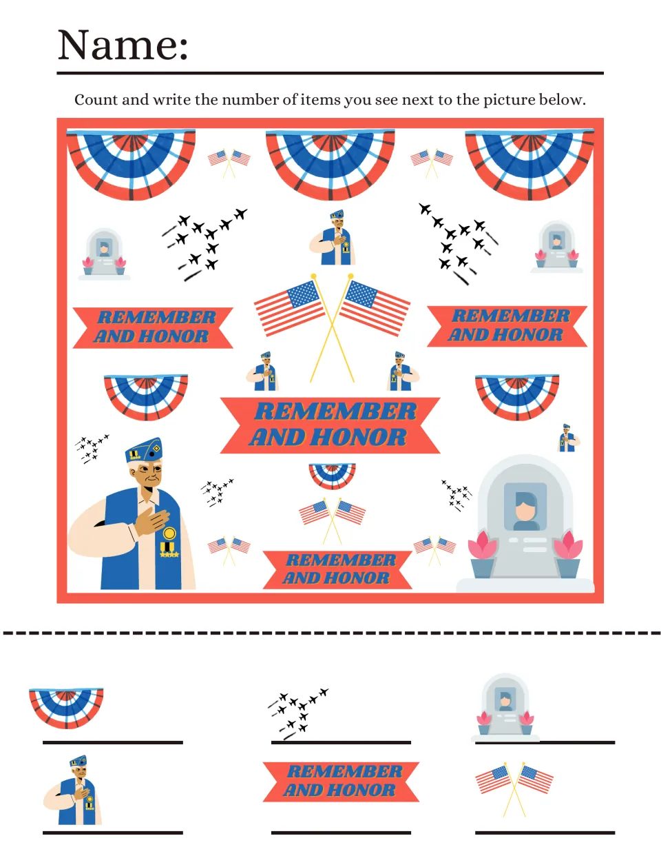 Remember and Honor I spy counting: students count bunting, jet formations, headstones, veterans, banners and crossed flags