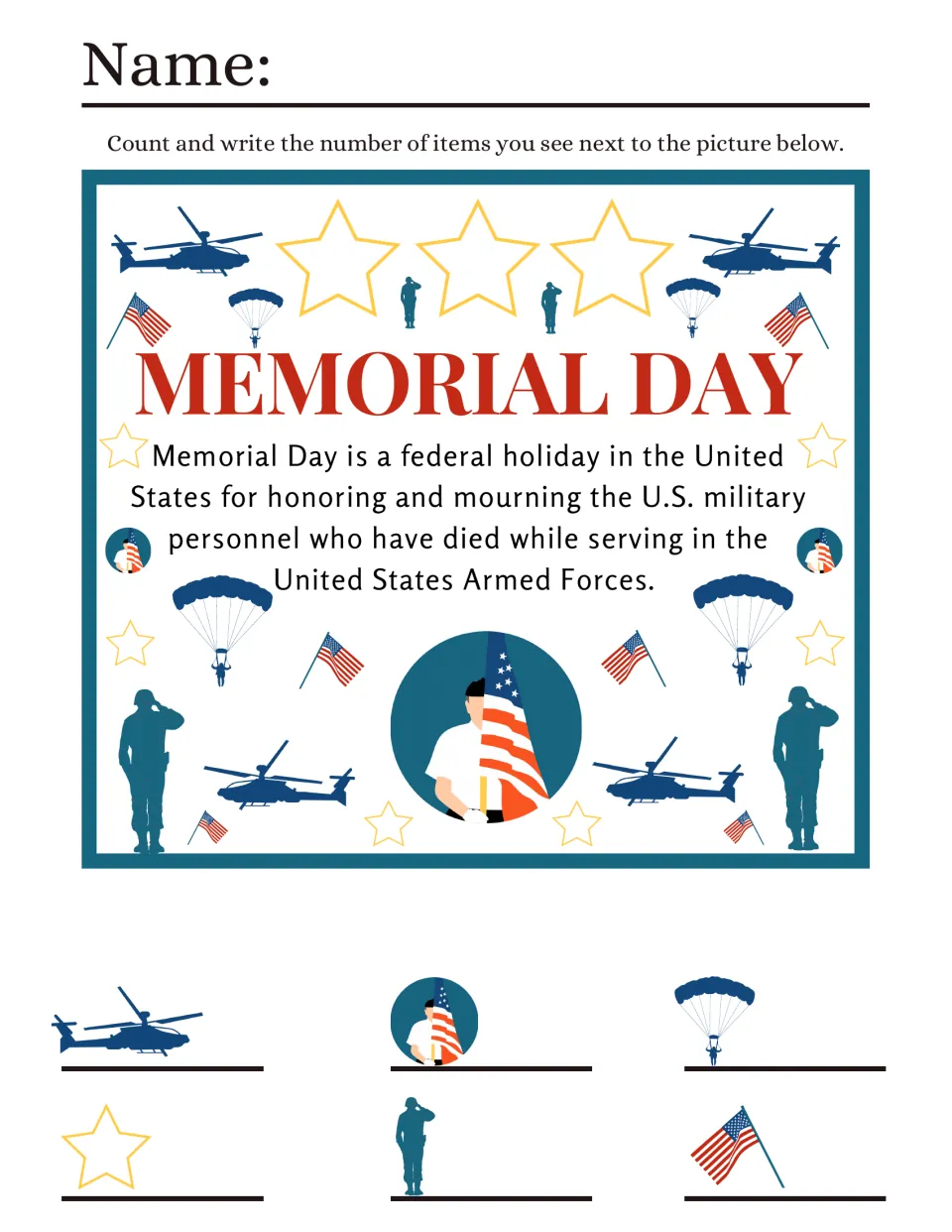 Memorial Day I spy with a short holiday definition: students count helicopters, flag holders, parachutes, stars and soldiers