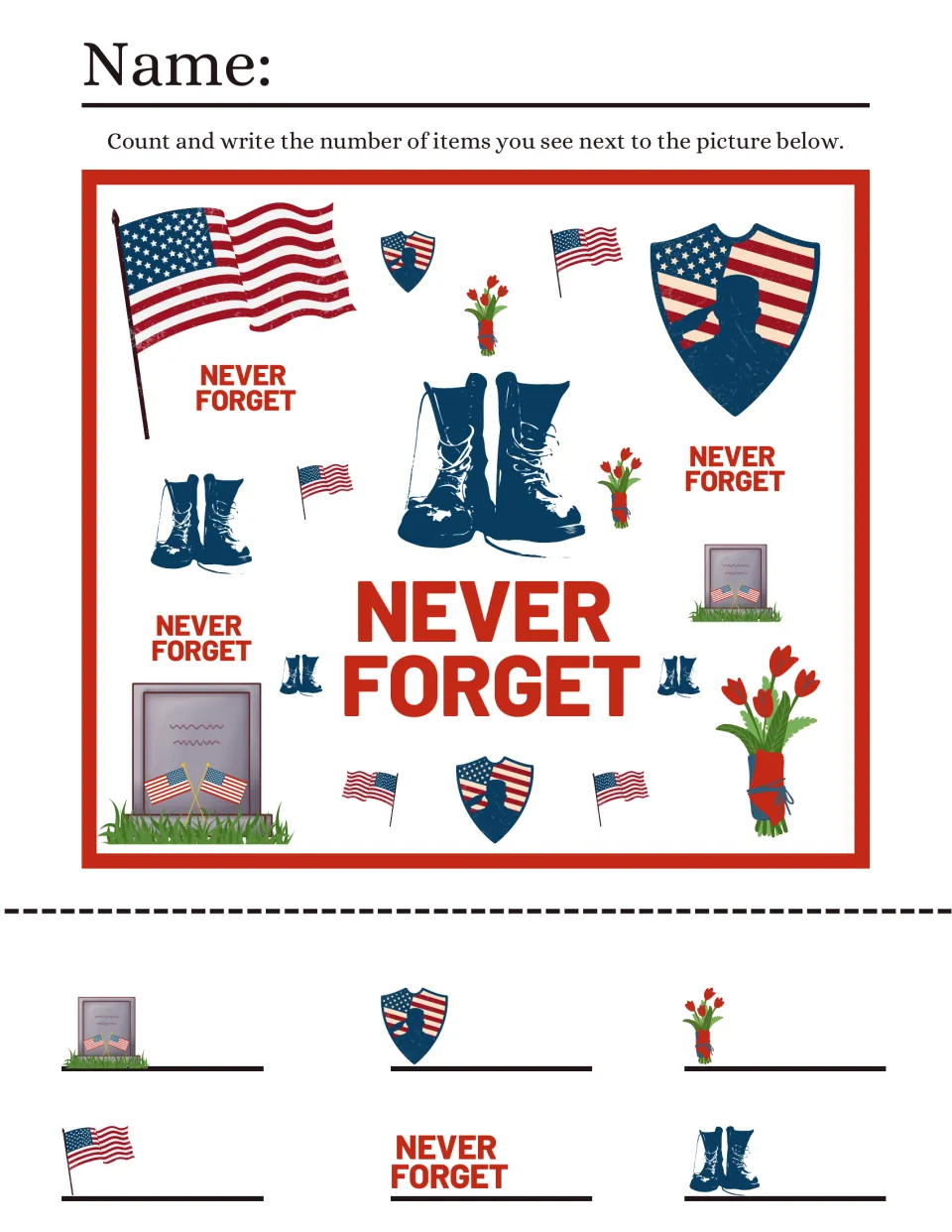 Never Forget I spy counting: students count headstones, saluting shields, tulip bunches, flags, word labels and combat boots