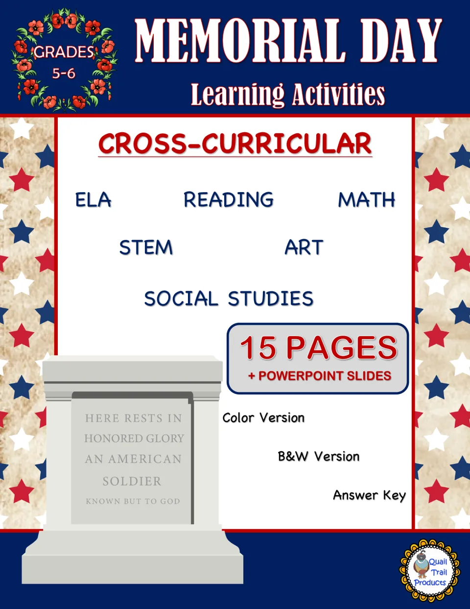 Memorial Day Learning Activities cover for grades 5–6, listing 15 pages, PowerPoint slides, and an answer key