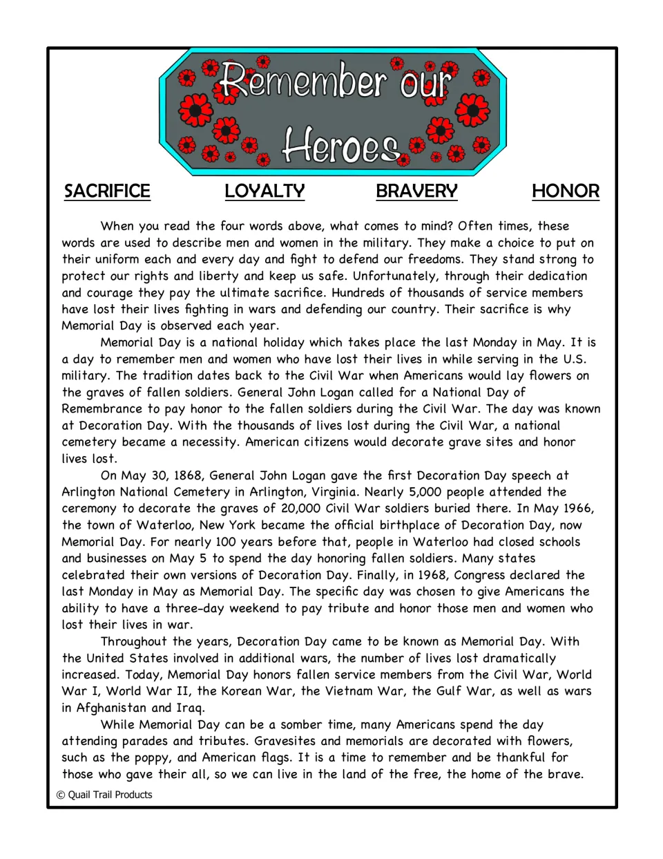 Remember Our Heroes reading passage introduces Memorial Day history, Decoration Day, and remembrance traditions