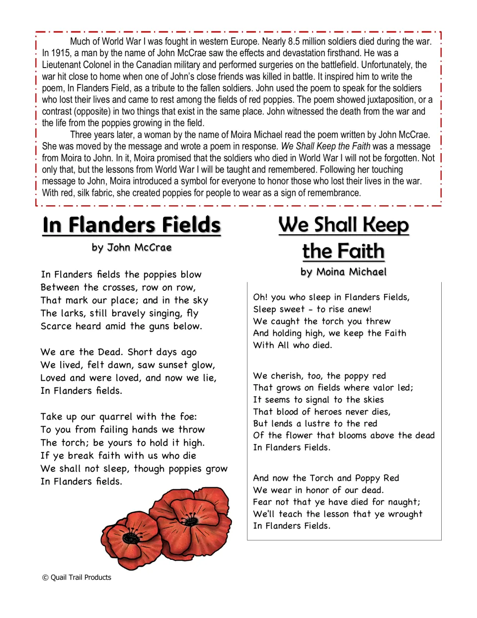 Paired poems In Flanders Fields and We Shall Keep the Faith follow background on their authors and poppies
