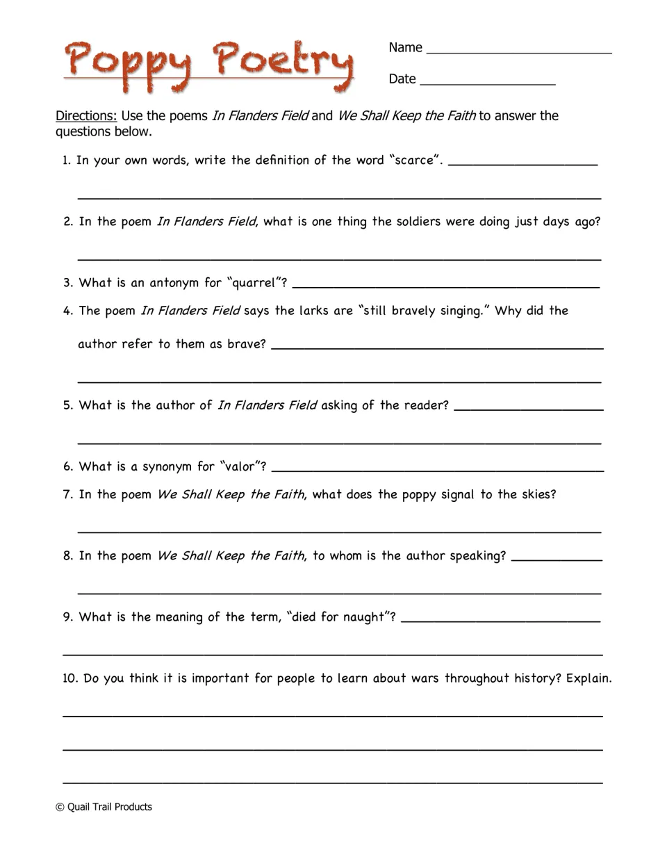 Poppy Poetry asks 10 questions on the paired poems, covering vocabulary, interpretation, and reflection