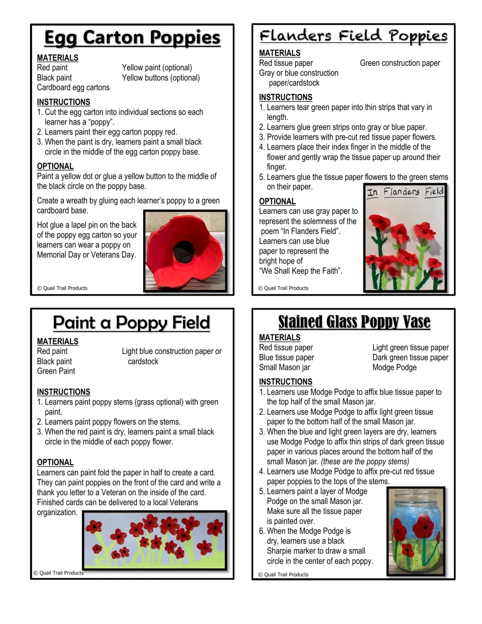 Four poppy craft guides give materials and steps for egg carton flowers, tissue flowers, painting, and a vase
