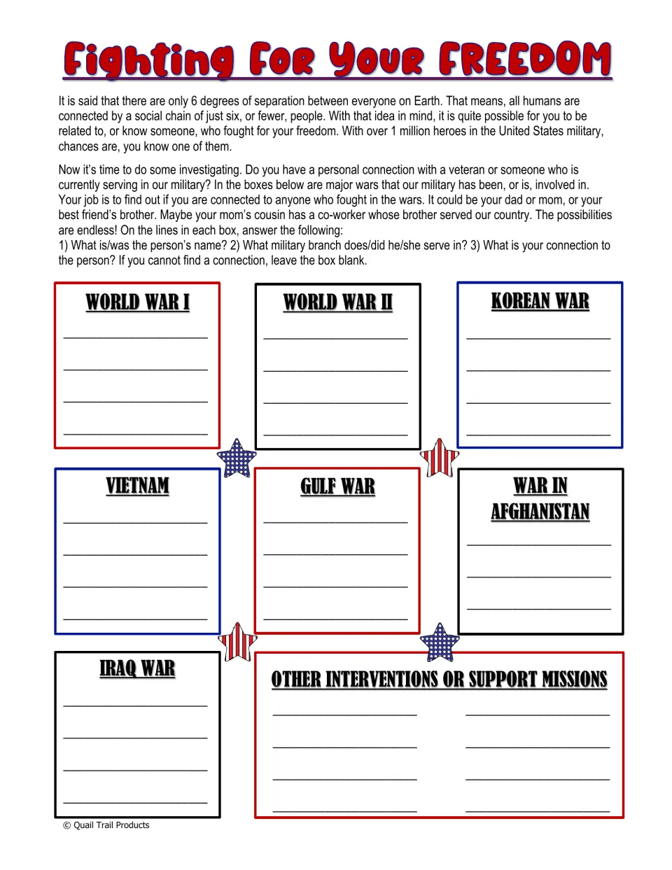 Fighting for Your Freedom asks students to find service members they are connected to and record their service